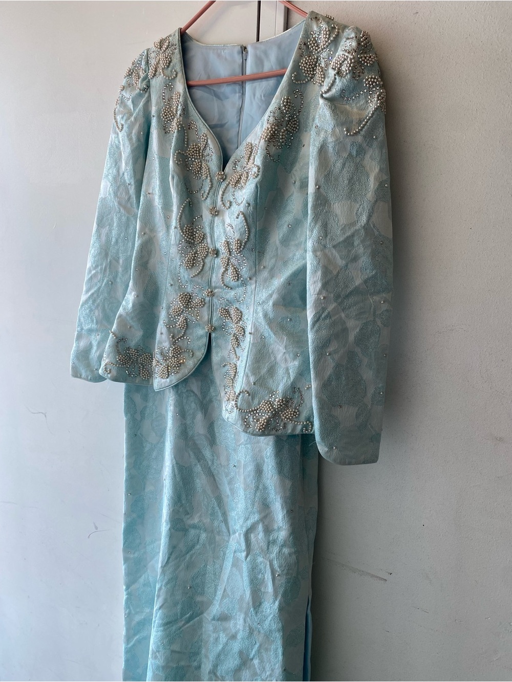 Vintage Rose Taft light blue one piece dress with delicate pearl like beadwork.